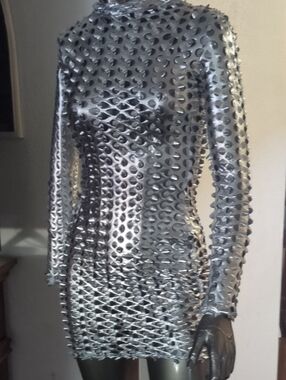 Source Unknown Metallic Silver Textured Long-Sleeve Mini Dress